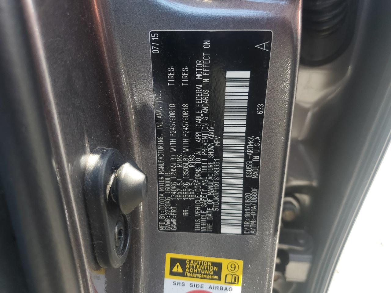 2015 Toyota Highlander Xle VIN: 5TDJKRFHXFS189391 Lot: 64348984