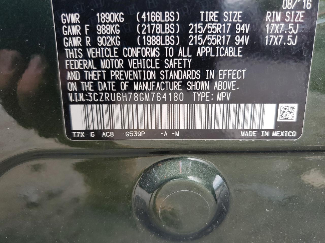 2016 Honda Hr-V Exl VIN: 3CZRU6H78GM764180 Lot: 63687814