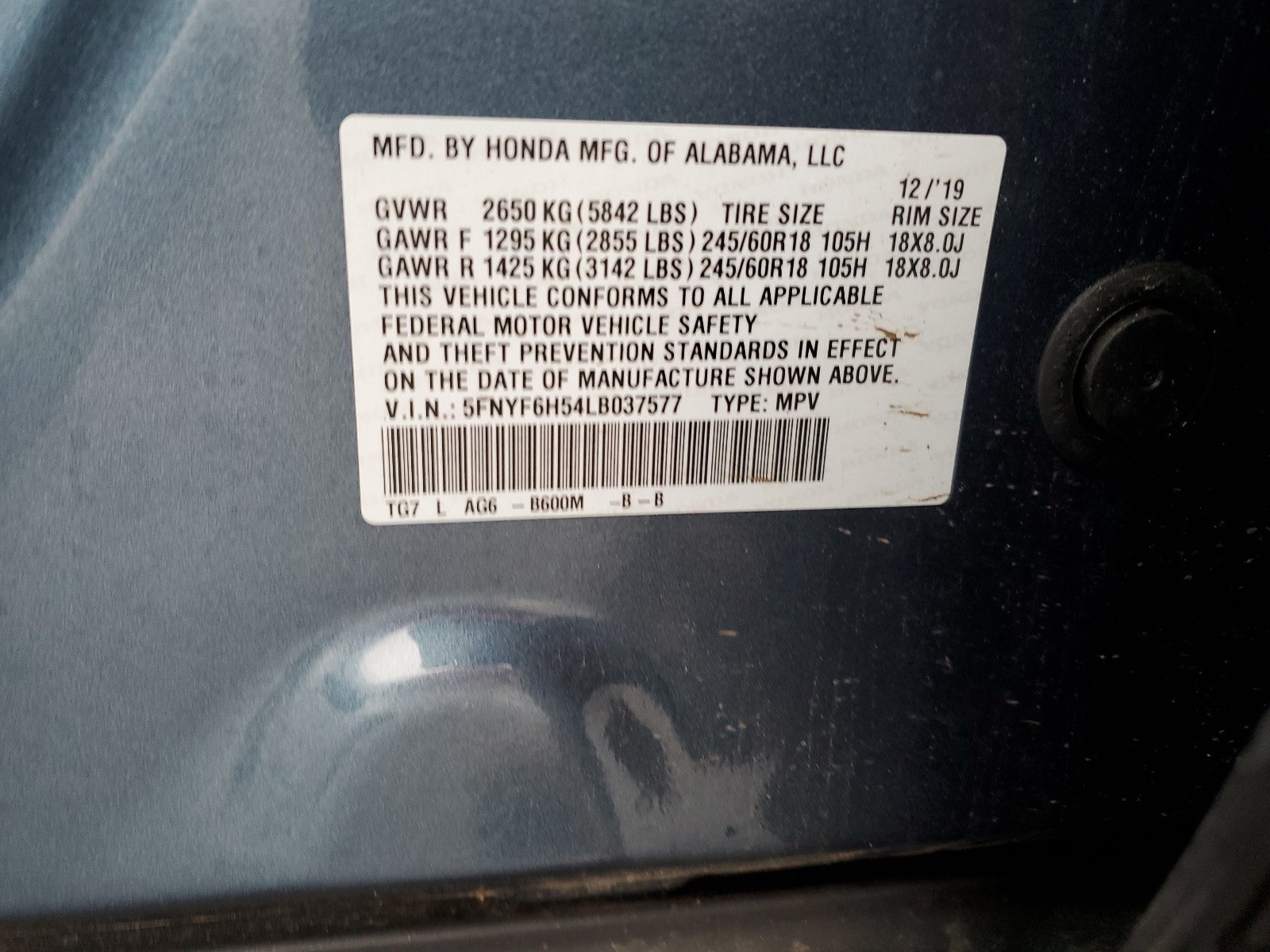 5FNYF6H54LB037577 2020 Honda Pilot Exl
