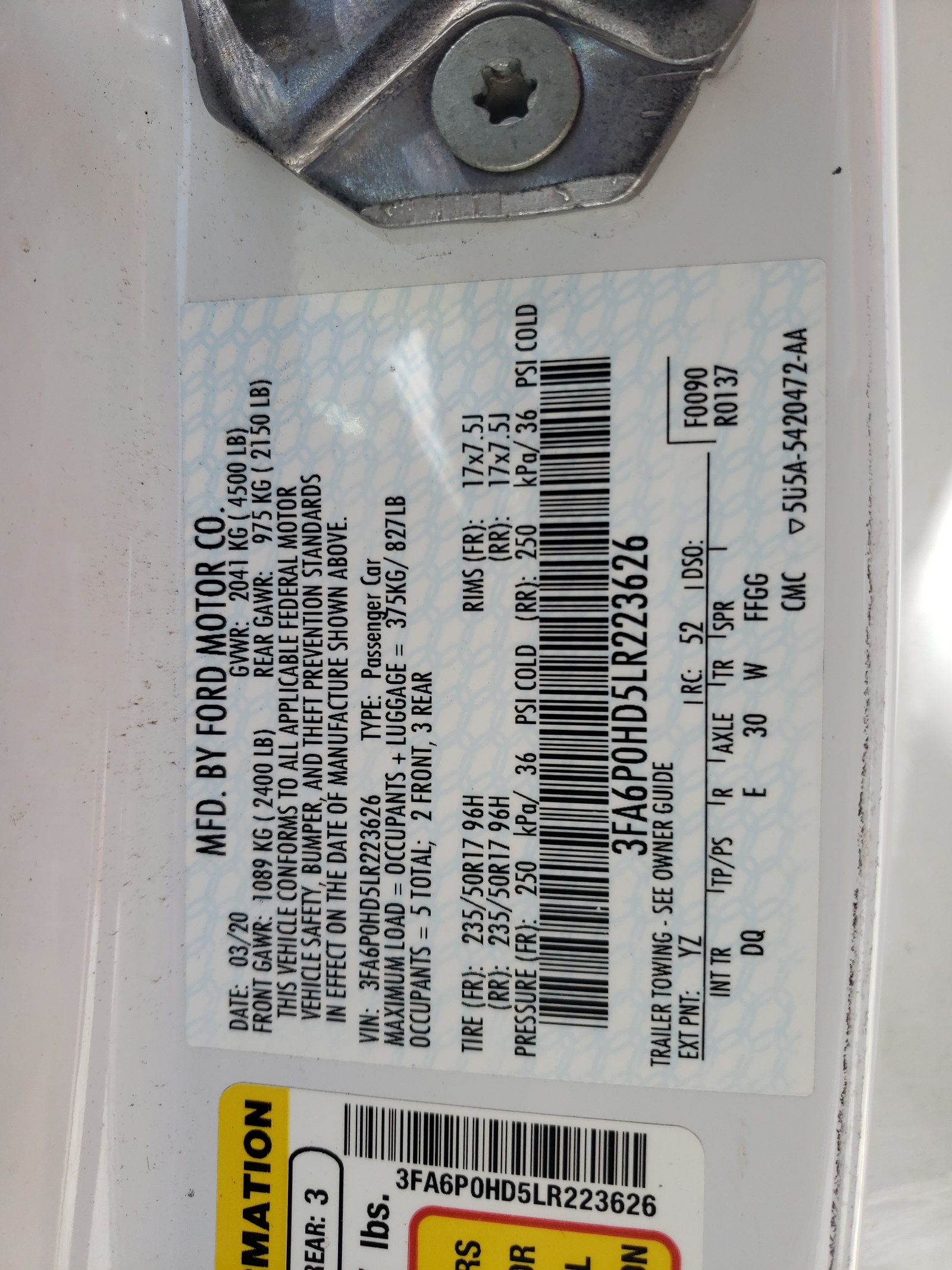 3FA6P0HD5LR223626 2020 Ford Fusion Se