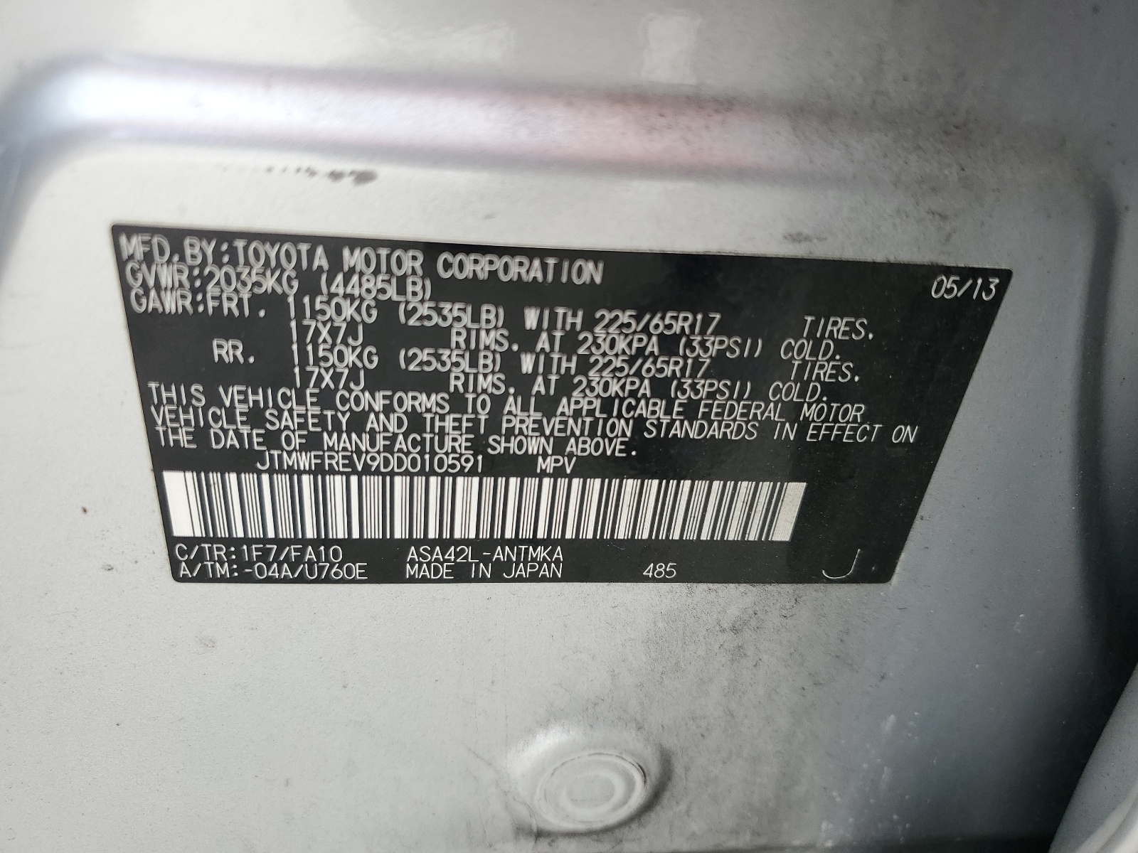 JTMWFREV9DD010591 2013 Toyota Rav4 Xle