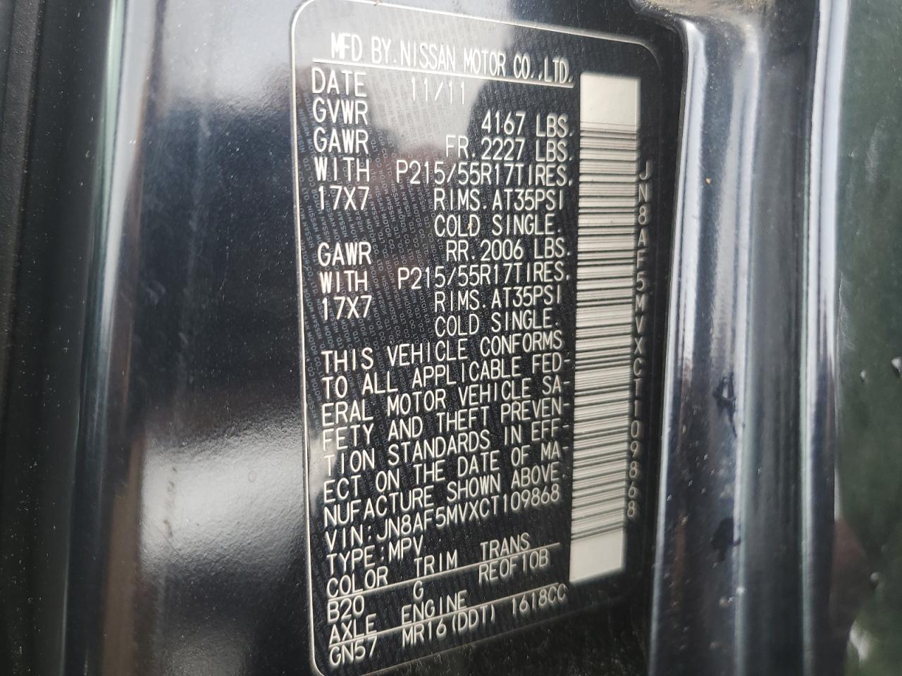 2012 Nissan Juke S VIN: JN8AF5MVXCT109868 Lot: 62981574