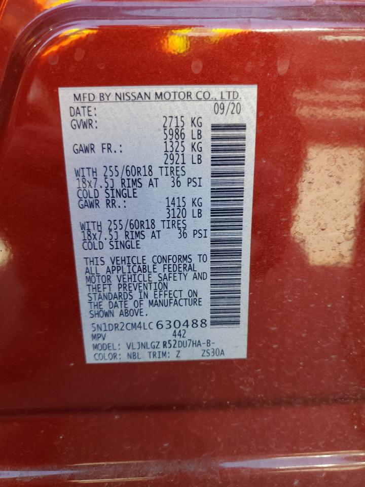 2020 Nissan Pathfinder Sl VIN: 5N1DR2CM4LC630488 Lot: 62281284