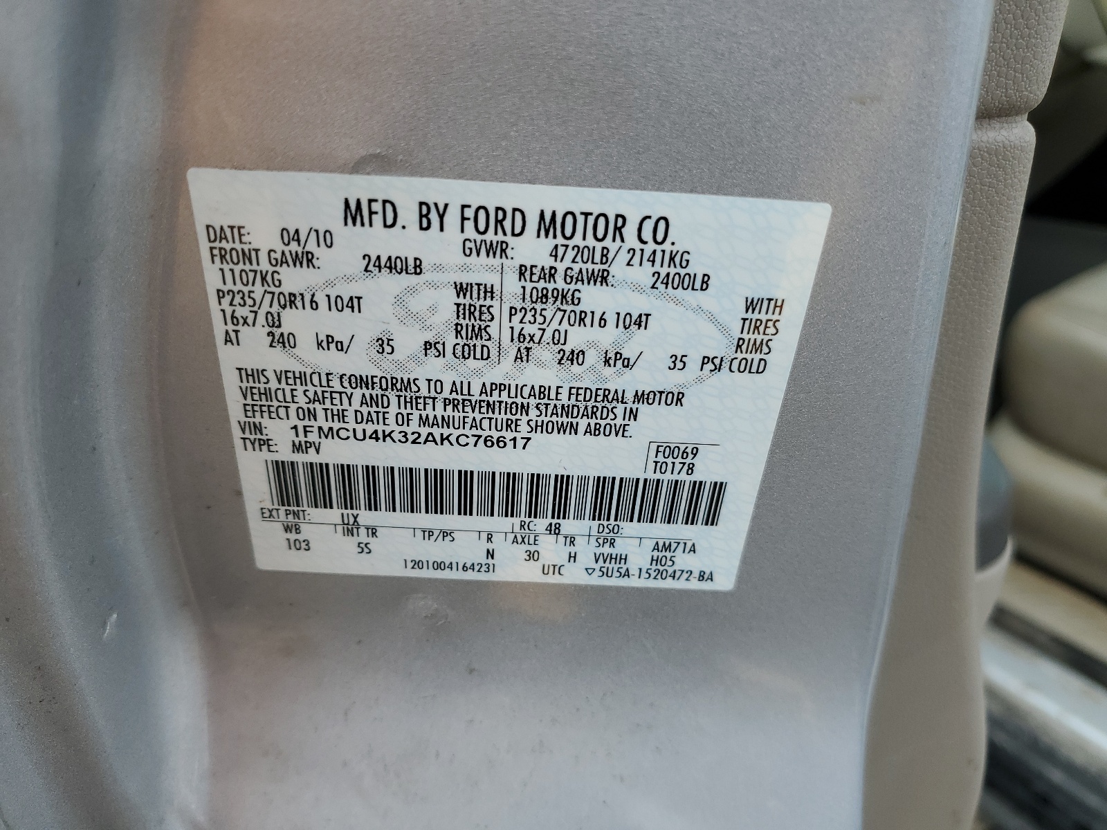 1FMCU4K32AKC76617 2010 Ford Escape Hybrid