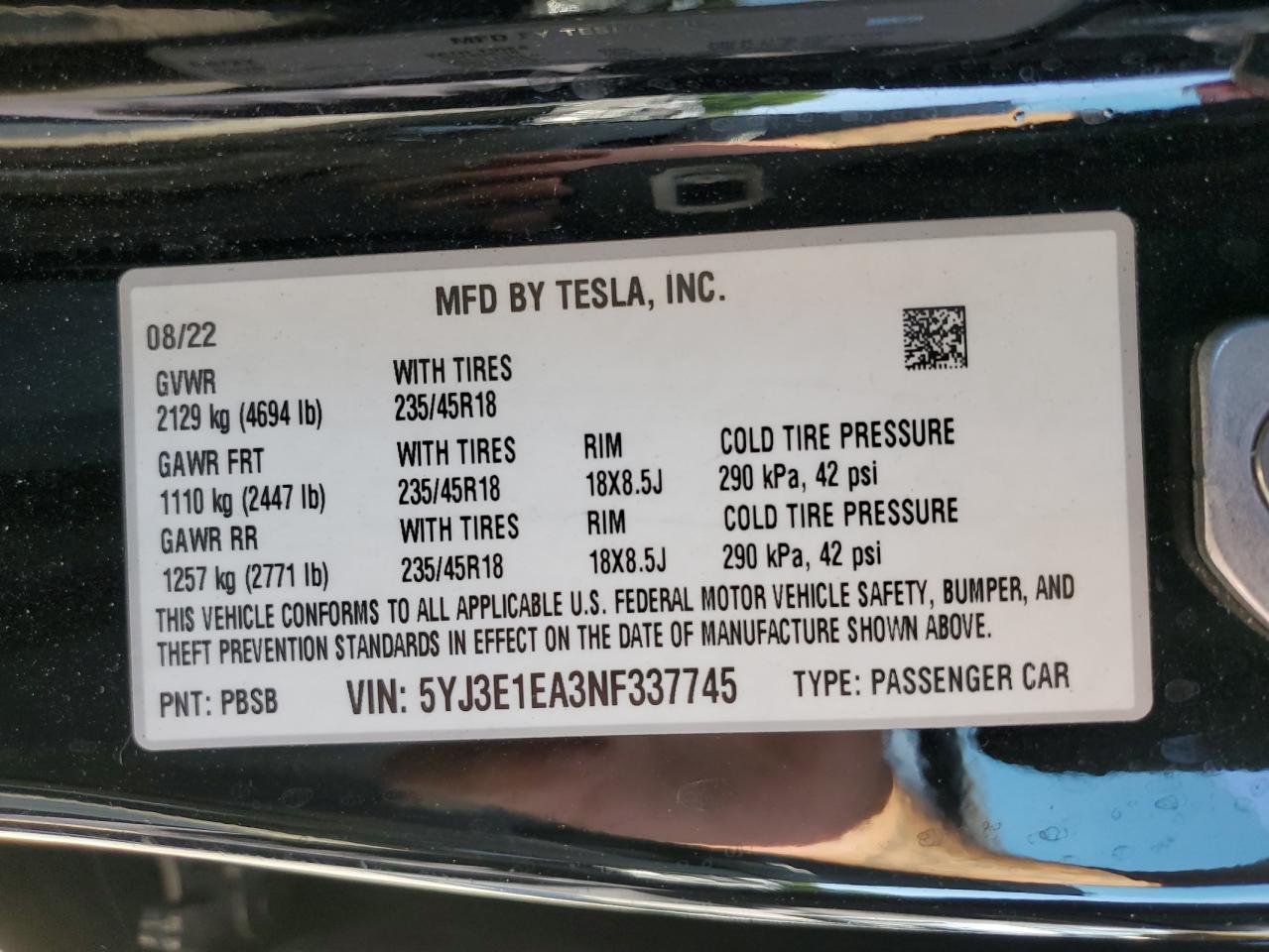 5YJ3E1EA3NF337745 2022 Tesla Model 3