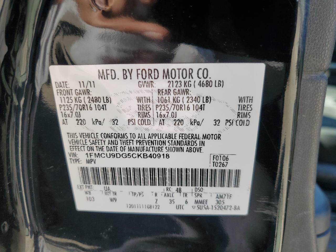 2012 Ford Escape Xlt VIN: 1FMCU9DG5CKB40918 Lot: 62739214