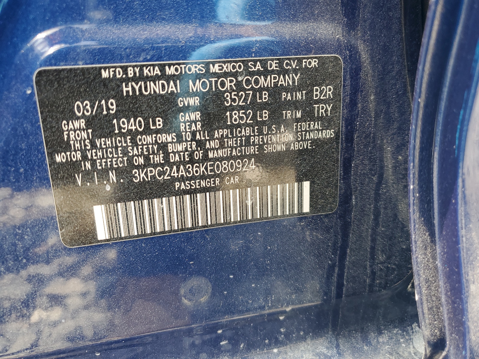 3KPC24A36KE080924 2019 Hyundai Accent Se