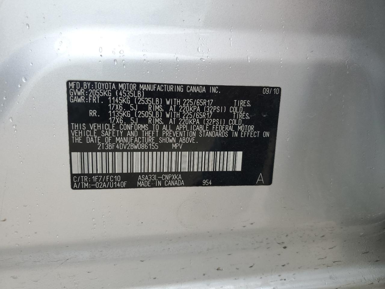 2011 Toyota Rav4 VIN: 2T3BF4DV2BW086155 Lot: 65056644