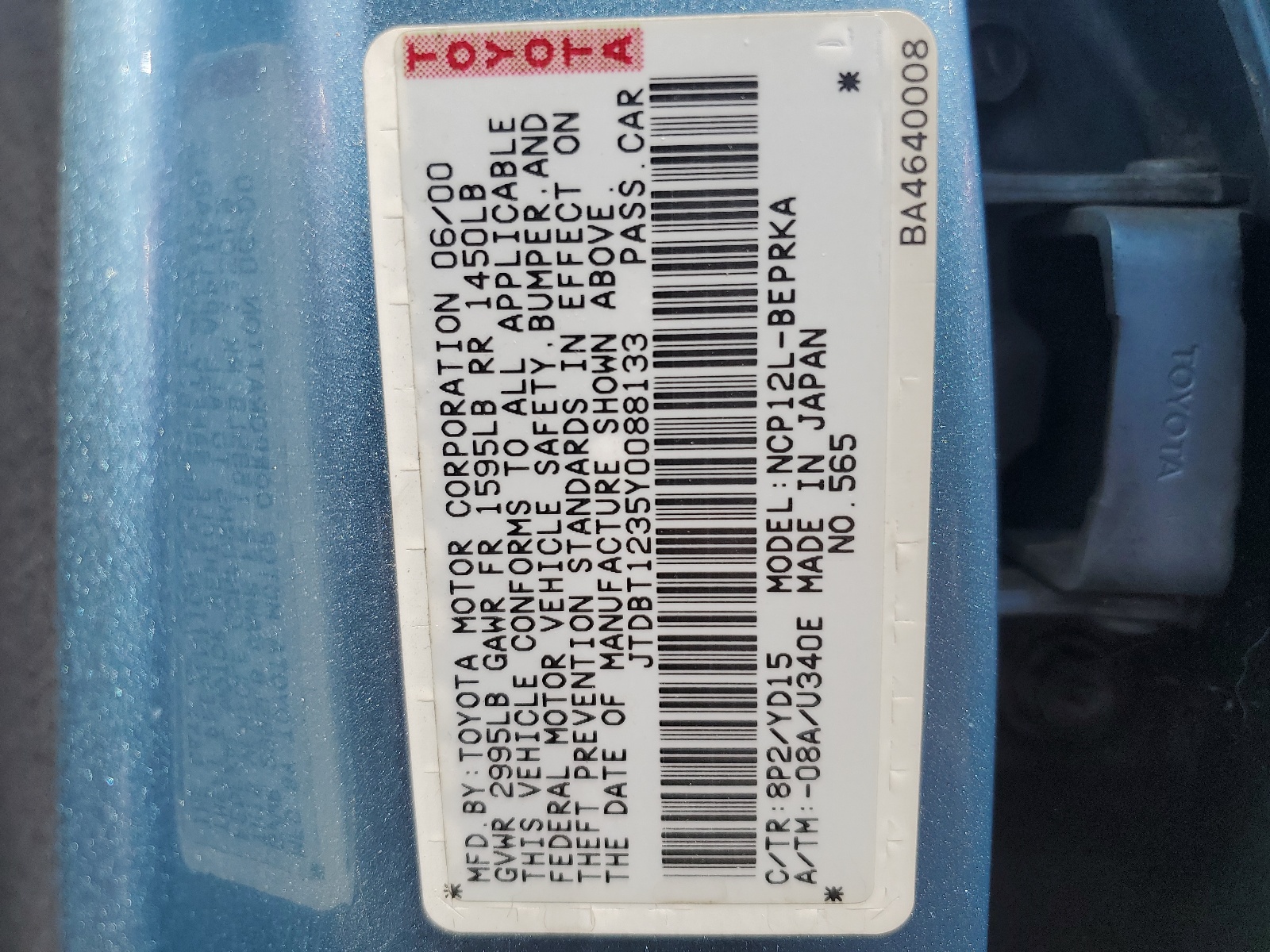 JTDBT1235Y0088133 2000 Toyota Echo