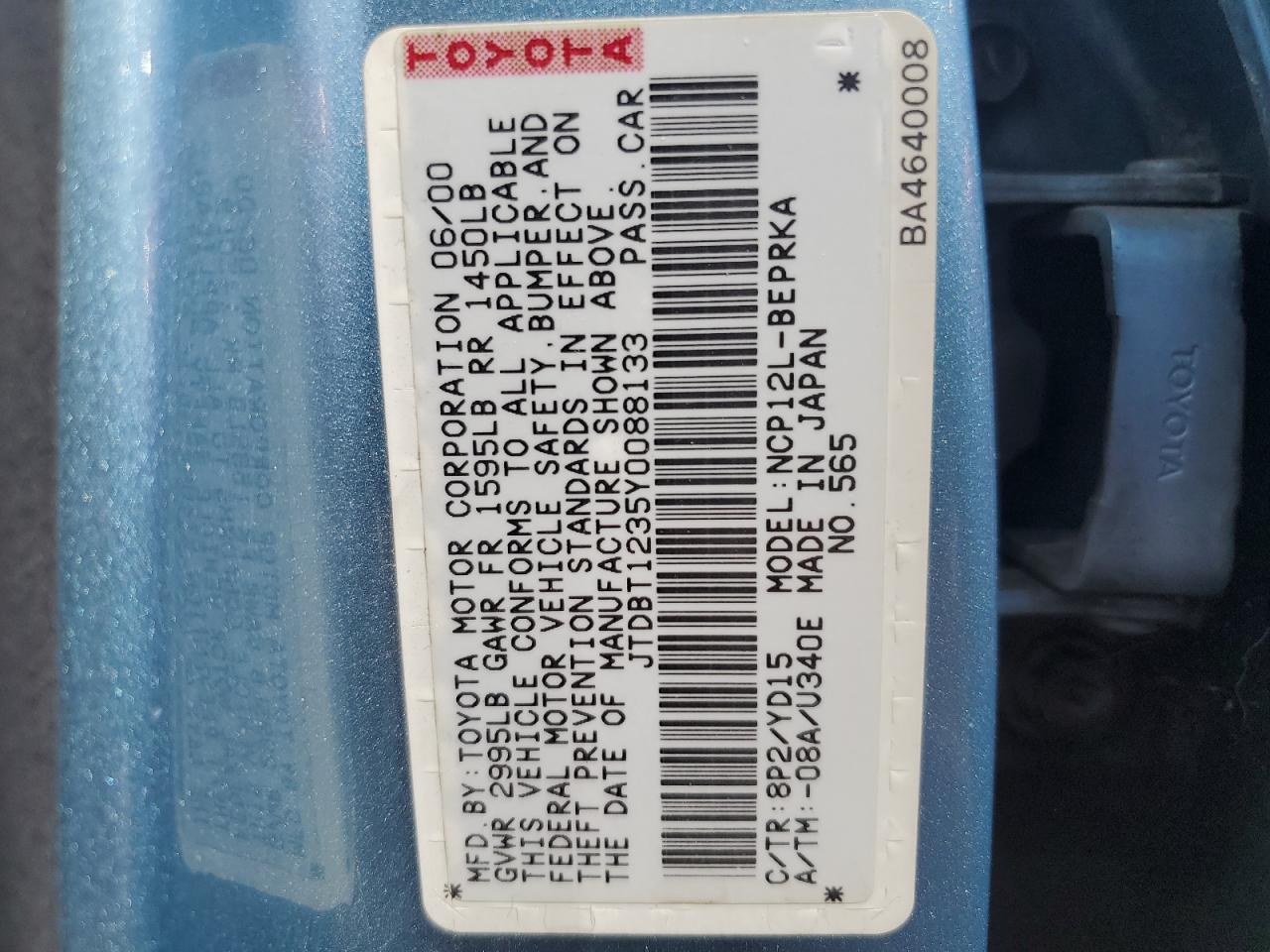 2000 Toyota Echo VIN: JTDBT1235Y0088133 Lot: 65582224