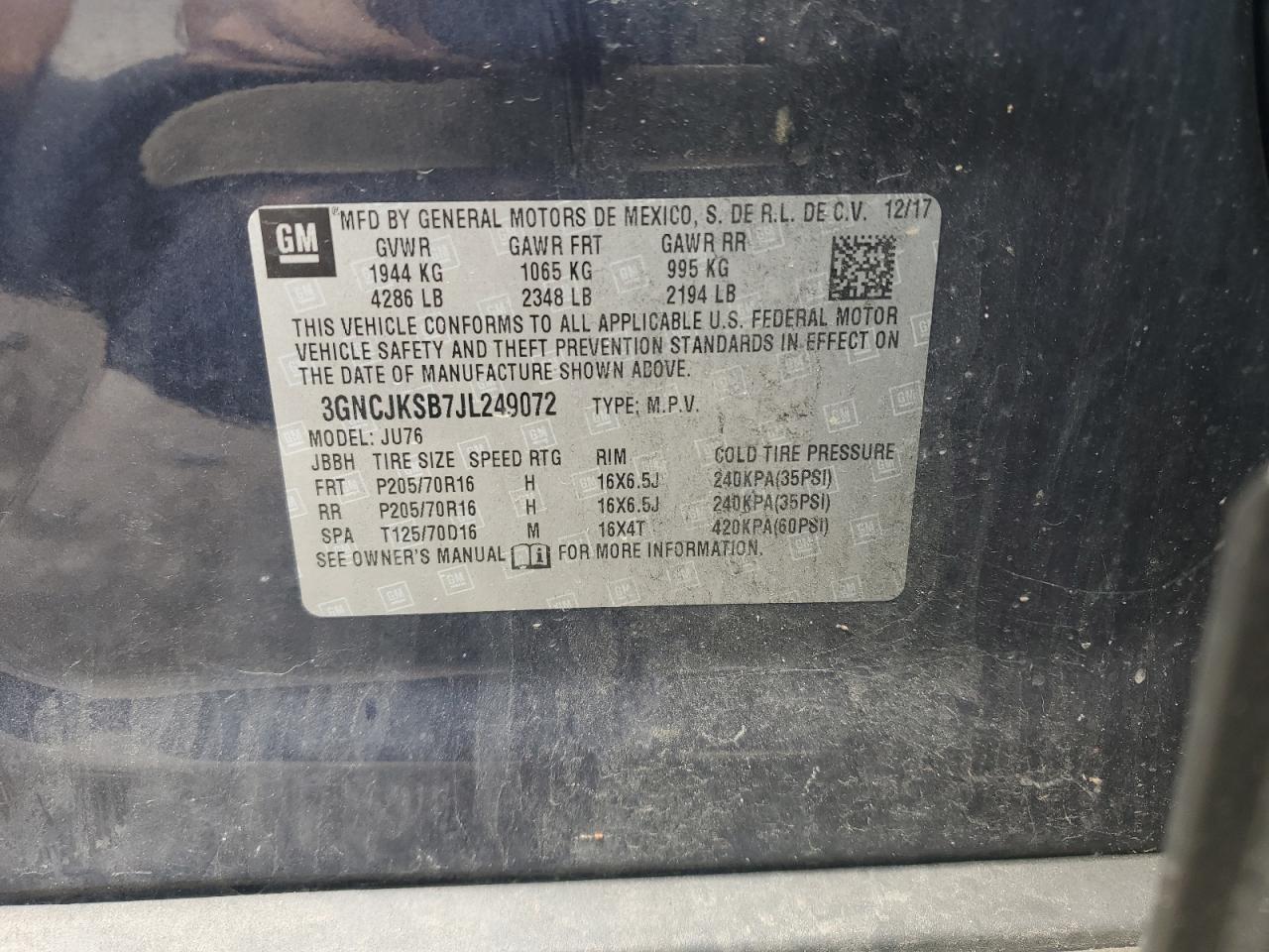 2018 Chevrolet Trax Ls VIN: 3GNCJKSB7JL249072 Lot: 59524874