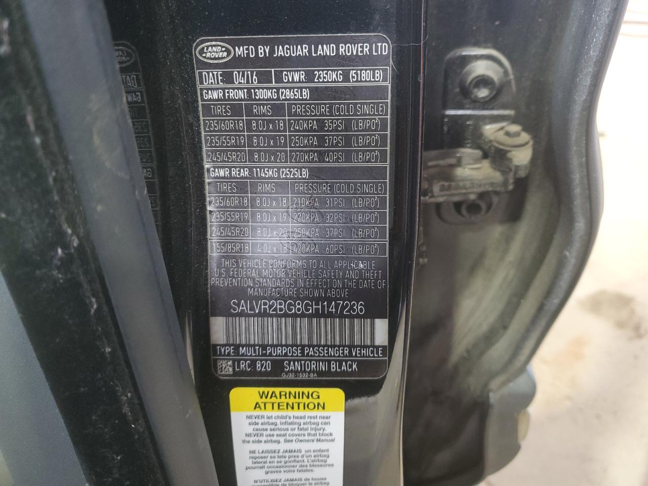 2016 Land Rover Range Rover Evoque Hse VIN: SALVR2BG8GH147236 Lot: 61193094