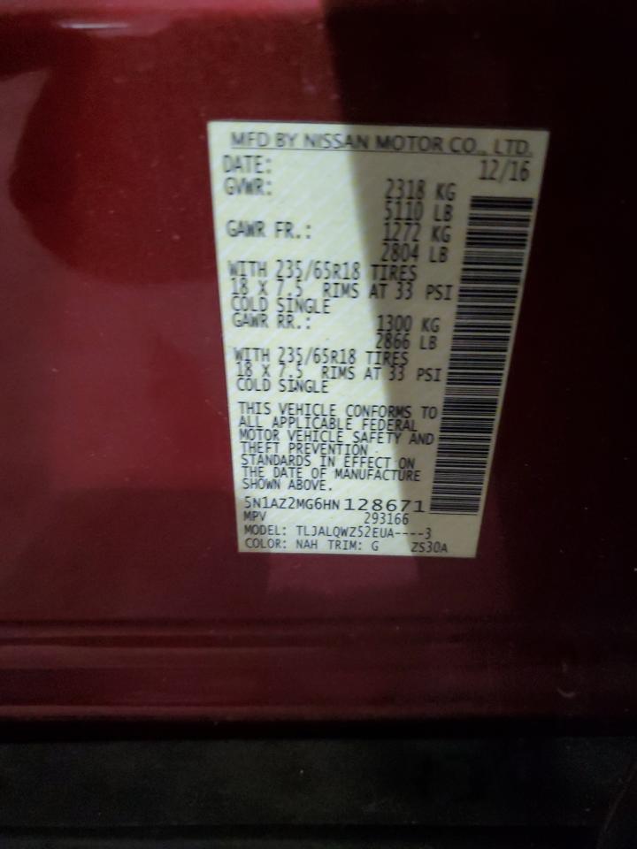 2017 Nissan Murano S VIN: 5N1AZ2MG6HN128671 Lot: 63672464