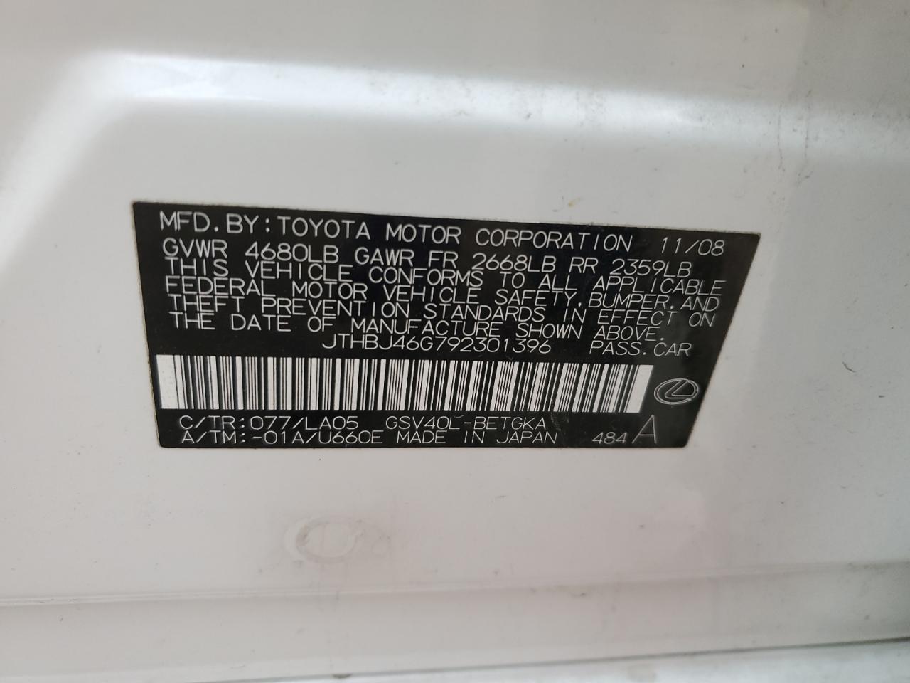 2009 Lexus Es 350 VIN: JTHBJ46G792301396 Lot: 63539074