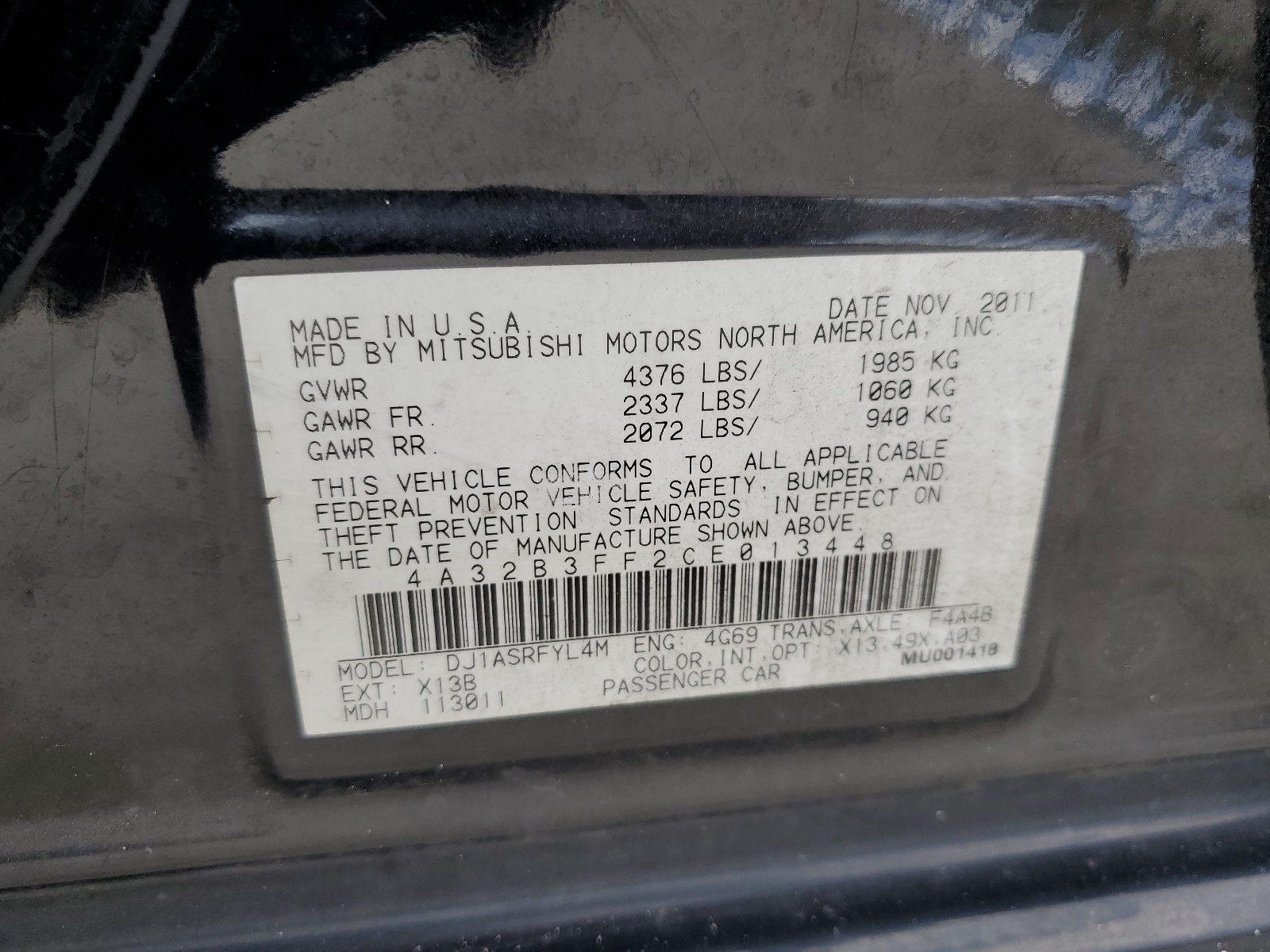 4A32B3FF2CE013448 2012 Mitsubishi Galant Es