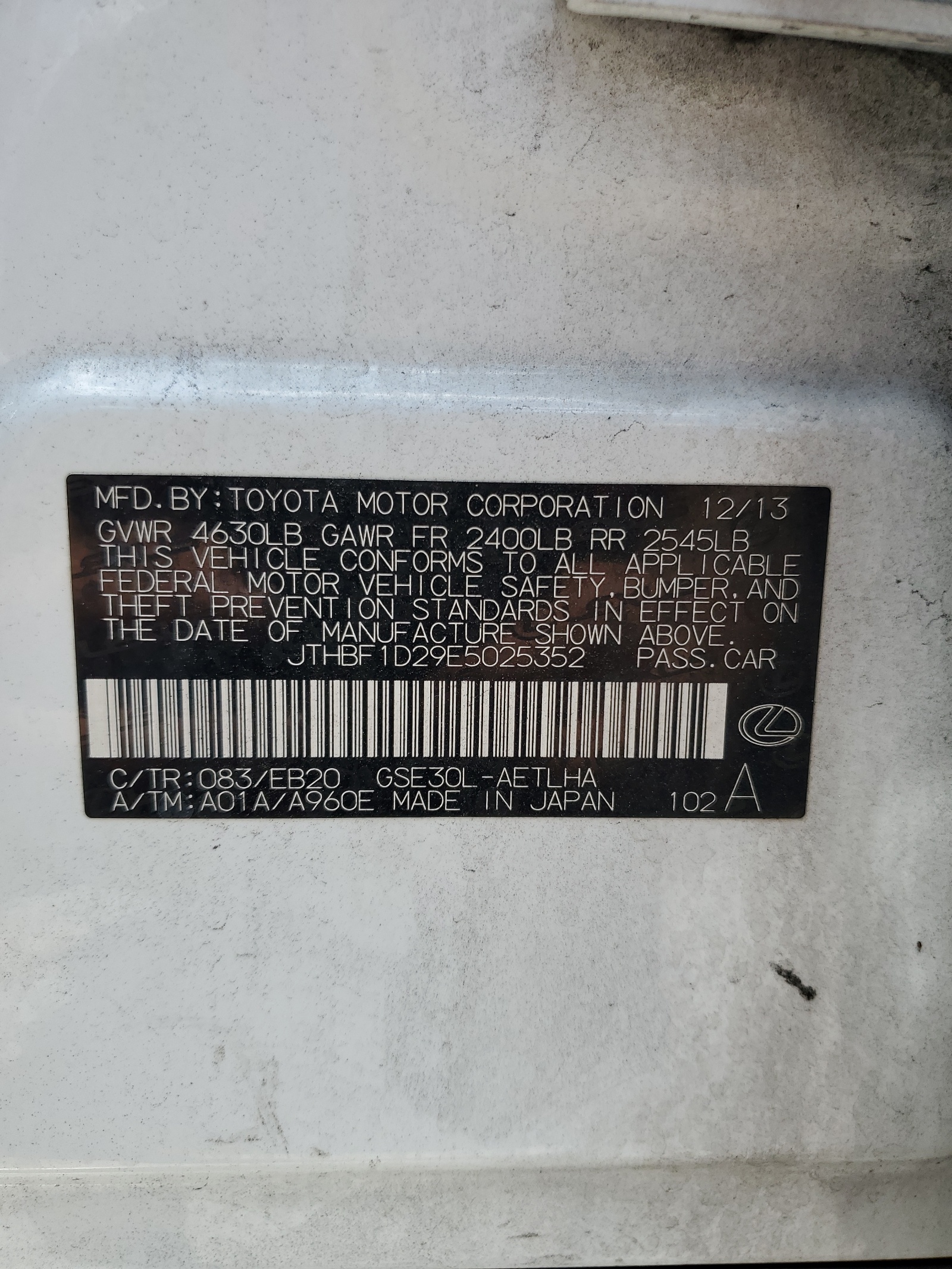 JTHBF1D29E5025352 2014 Lexus Is 250