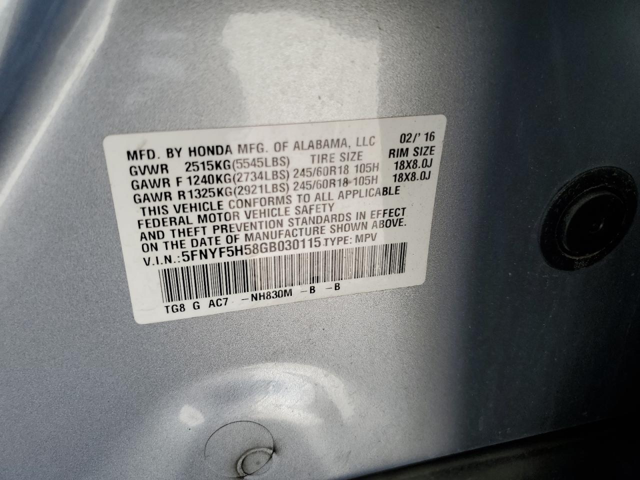 2016 Honda Pilot Exl VIN: 5FNYF5H58GB030115 Lot: 61939344