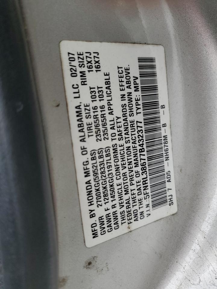 2007 Honda Odyssey Exl VIN: 5FNRL38677B432377 Lot: 61982694