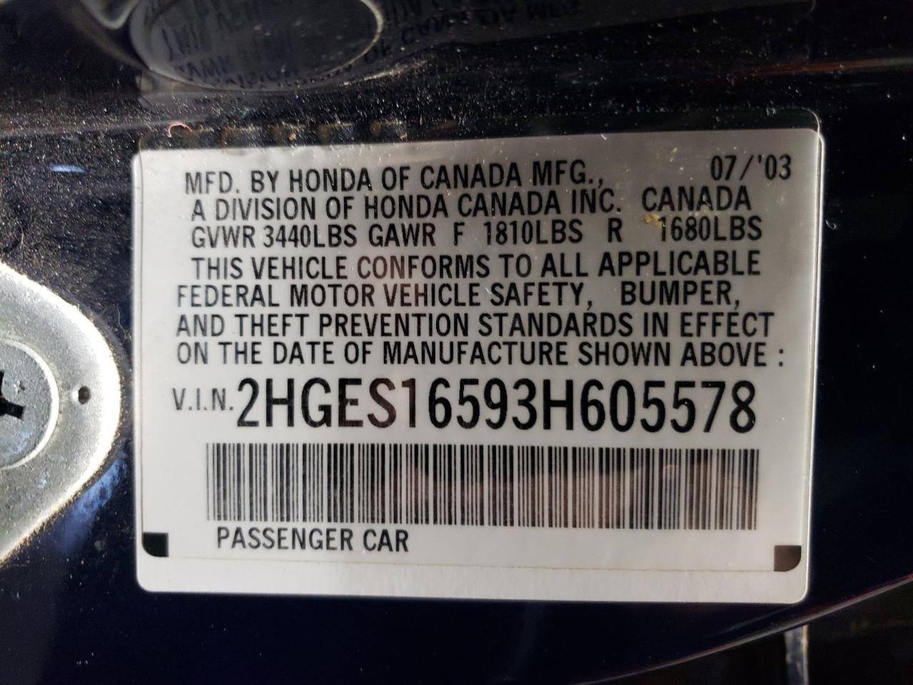 2003 Honda Civic Lx VIN: 2HGES16593H605578 Lot: 63422454