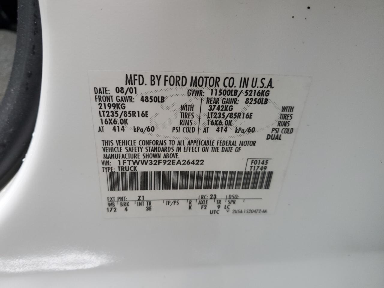 2002 Ford F350 Super Duty VIN: 1FTWW32F92EA26422 Lot: 60696264