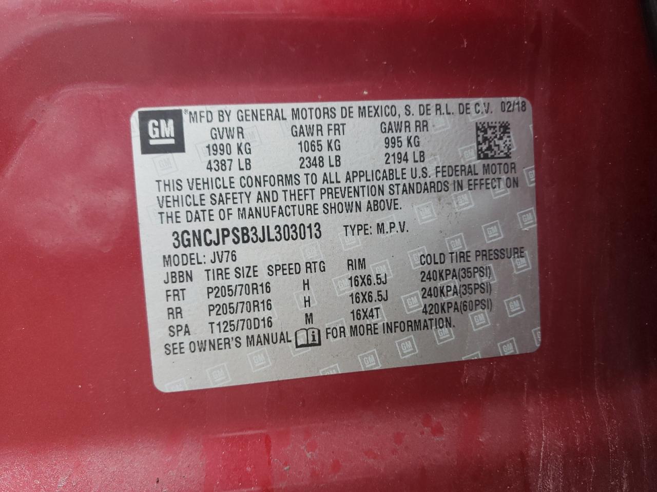 2018 Chevrolet Trax 1Lt VIN: 3GNCJPSB3JL303013 Lot: 62730104