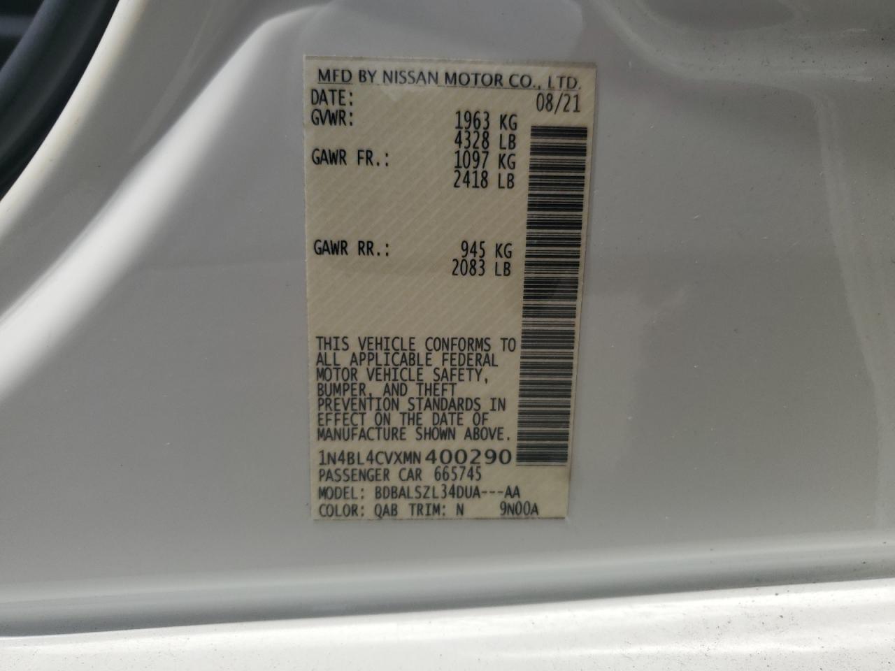 1N4BL4CVXMN400290 2021 Nissan Altima Sr