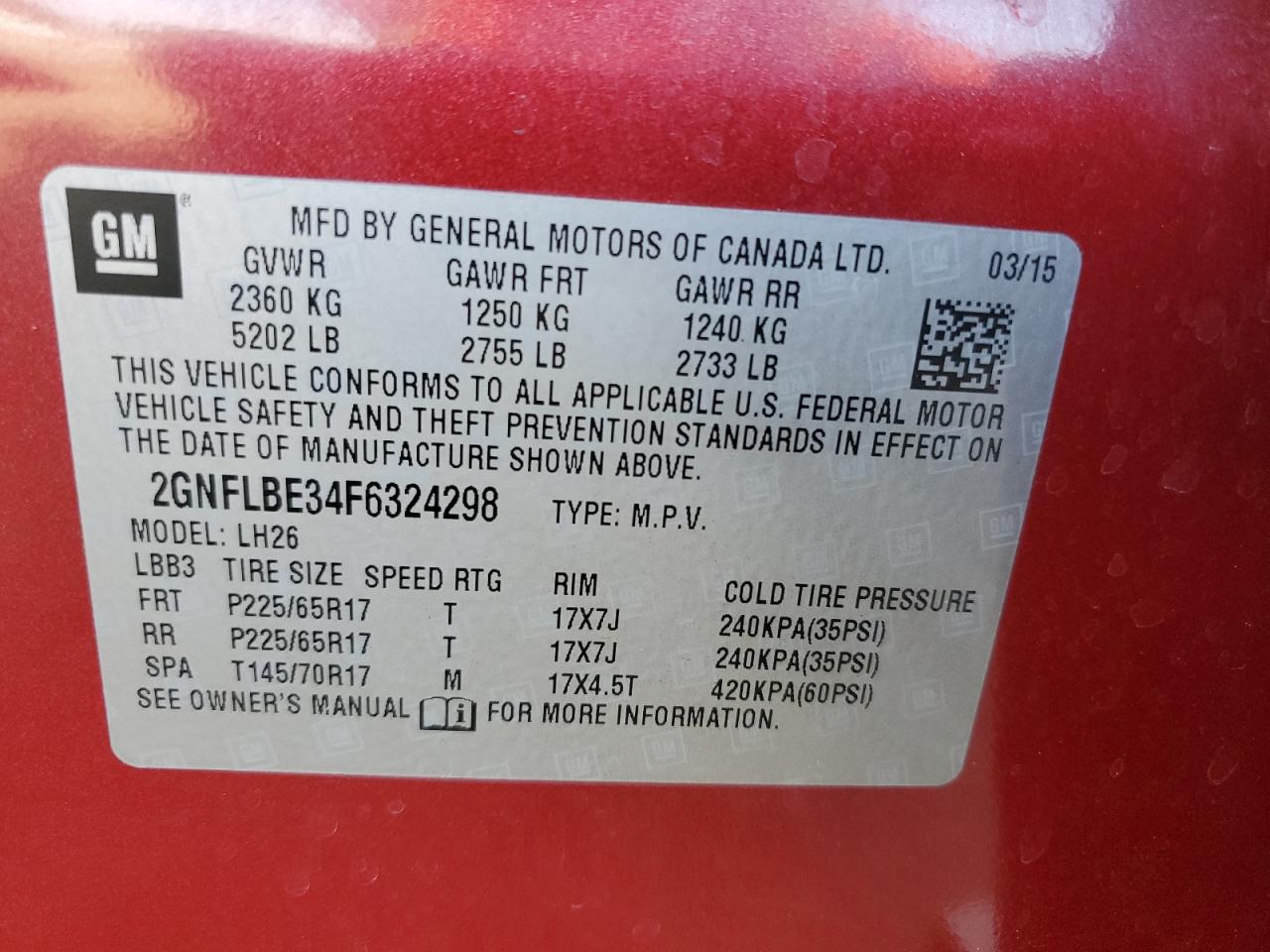 2015 Chevrolet Equinox Lt VIN: 2GNFLBE34F6324298 Lot: 63934904