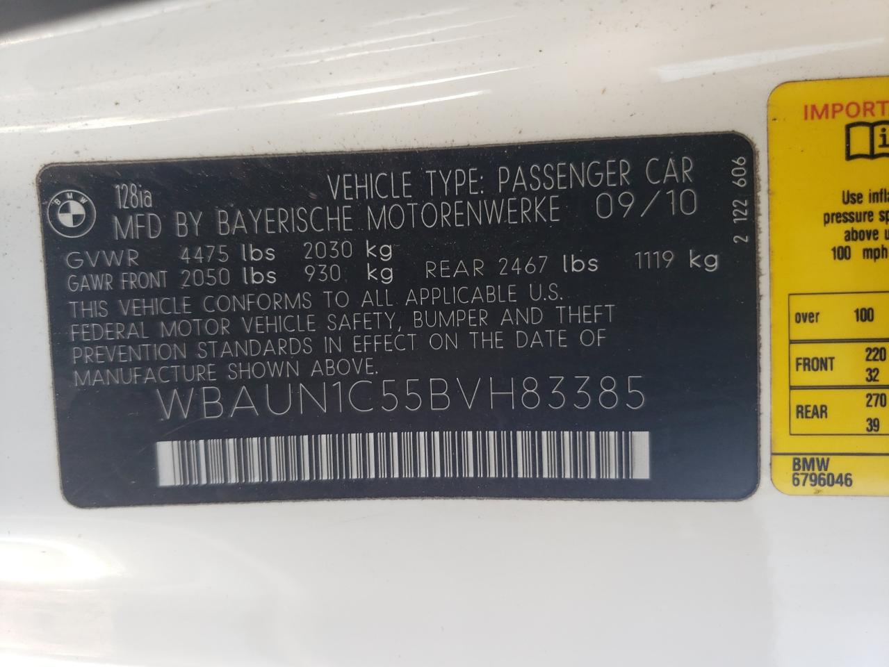 2011 BMW 128 I VIN: WBAUN1C55BVH83385 Lot: 64622934