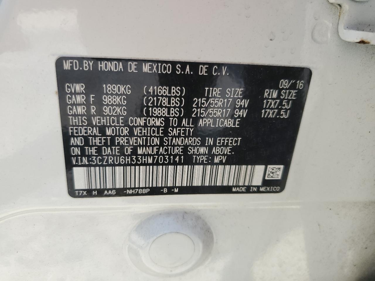 2017 Honda Hr-V Lx VIN: 3CZRU6H33HM703141 Lot: 65288834