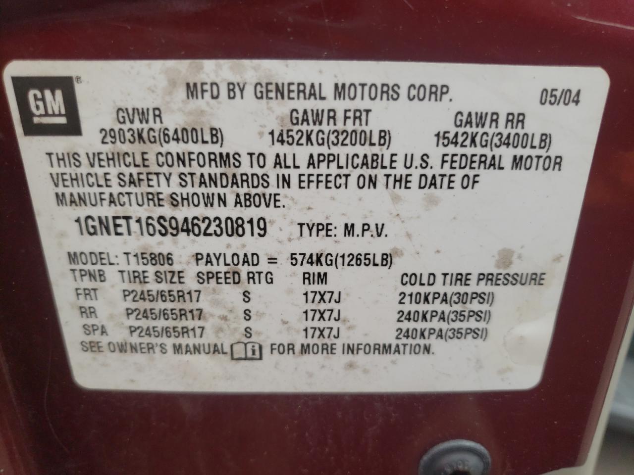 2004 Chevrolet Trailblazer Ext Ls VIN: 1GNET16S946230819 Lot: 62565814