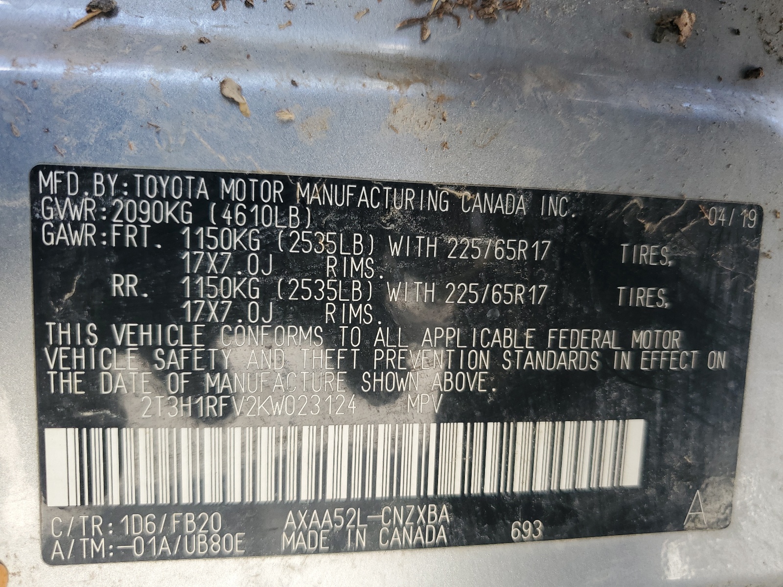 2T3H1RFV2KW023124 2019 Toyota Rav4 Le