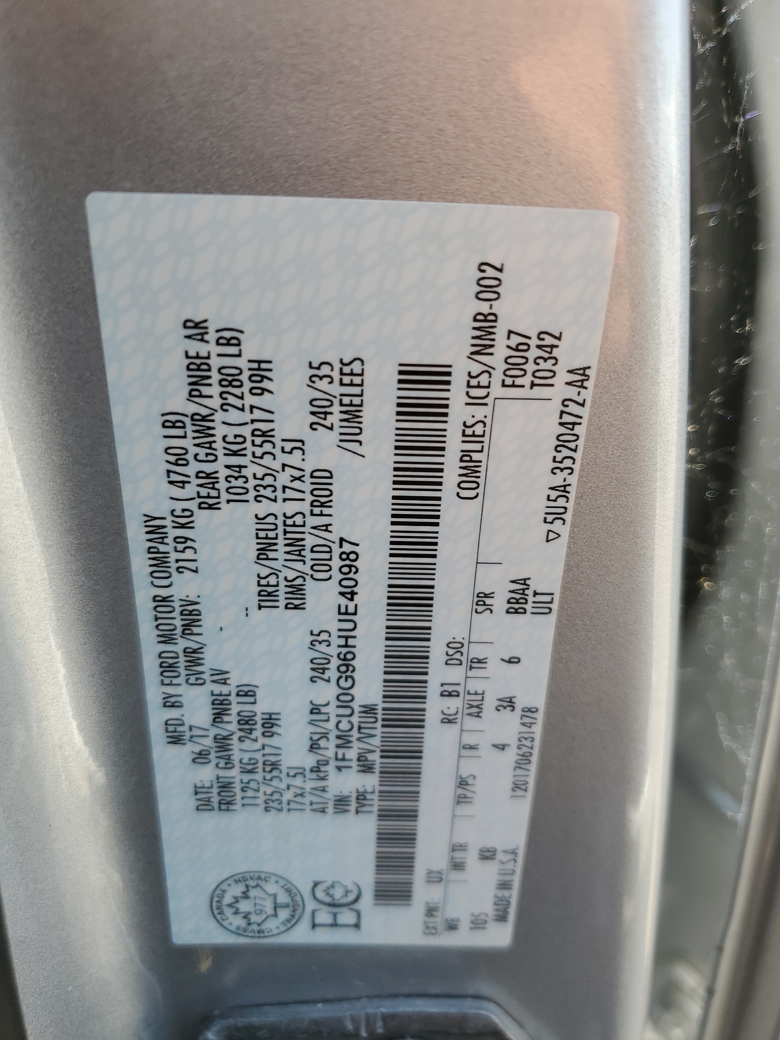 1FMCU0G96HUE40987 2017 Ford Escape Se