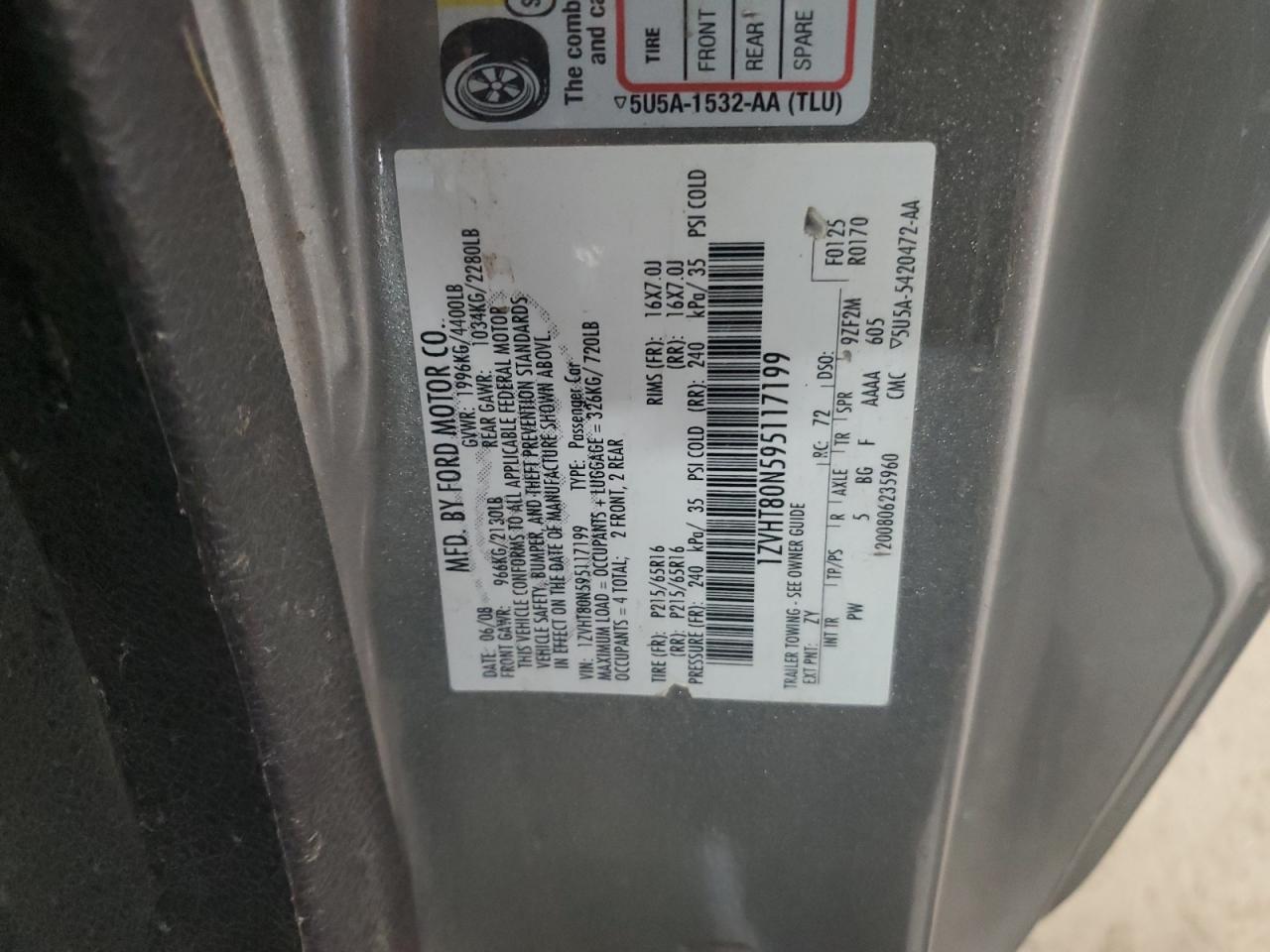 2009 Ford Mustang VIN: 1ZVHT80N595117199 Lot: 62417404