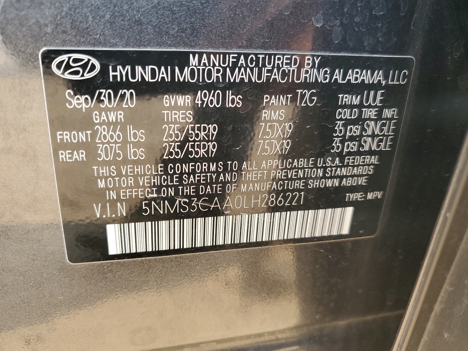 5NMS3CAA0LH286221 2020 Hyundai Santa Fe Sel