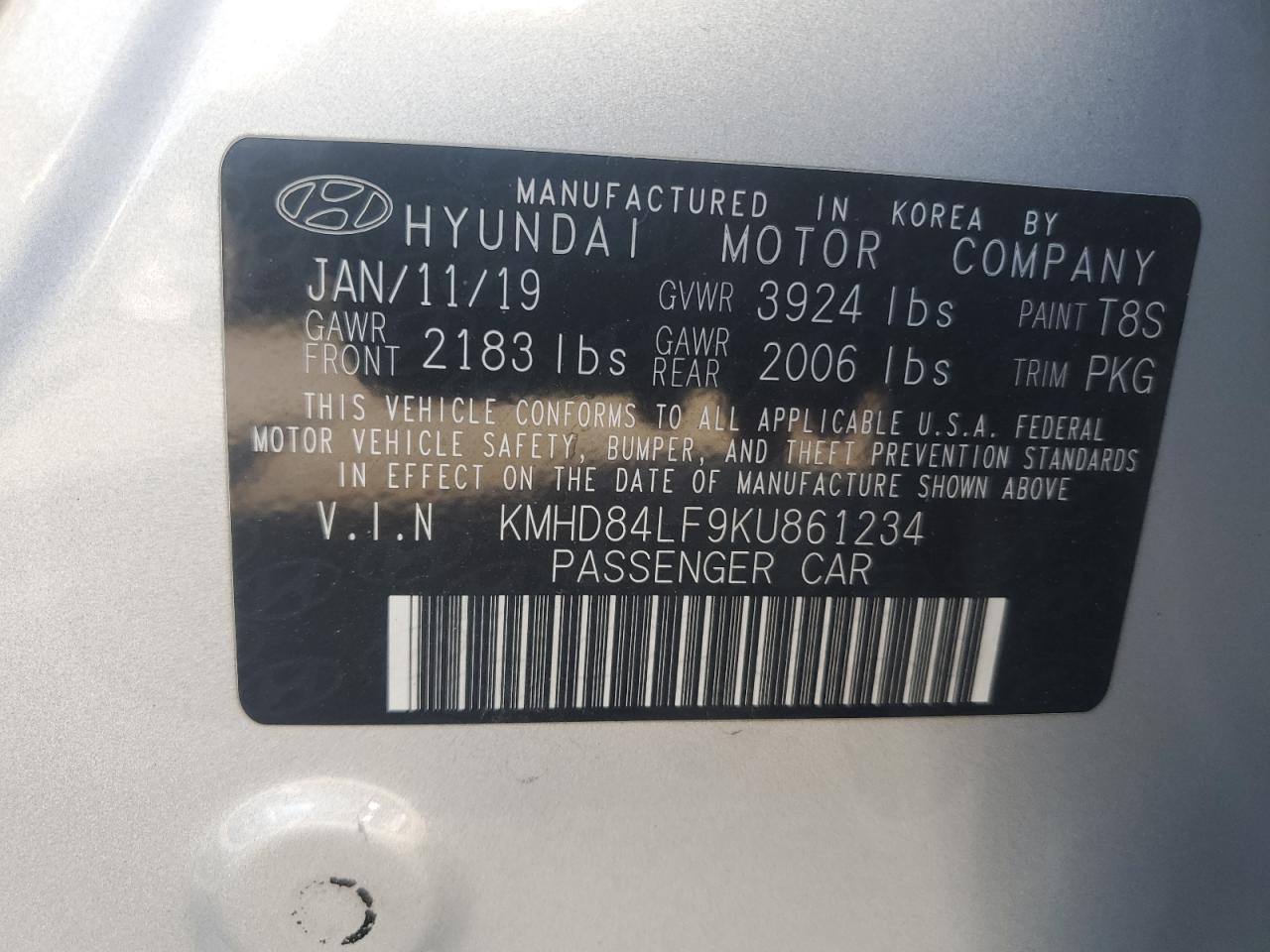 2019 Hyundai Elantra Sel VIN: KMHD84LF9KU861234 Lot: 60313114