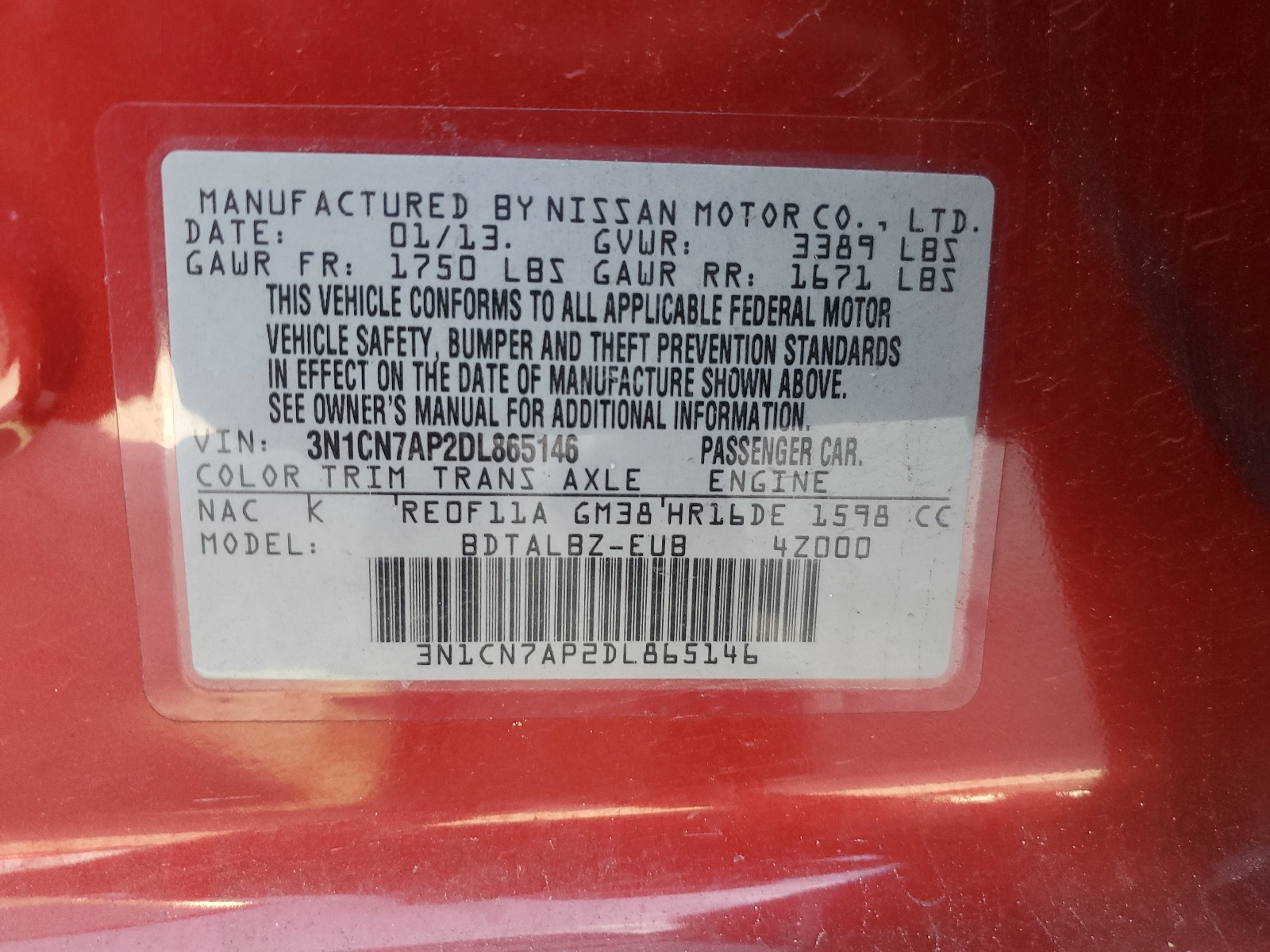 3N1CN7AP2DL865146 2013 Nissan Versa S