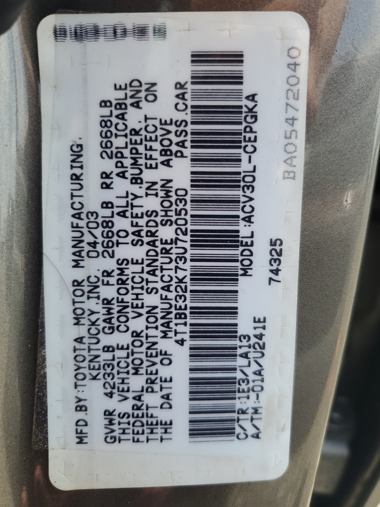 4T1BE32K73U720530 2003 Toyota Camry Le