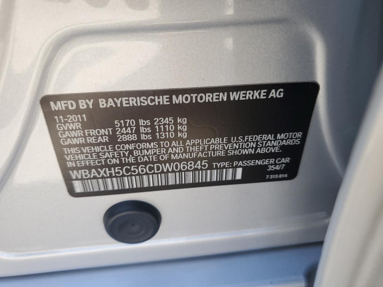 2012 BMW 528 Xi VIN: WBAXH5C56CDW06845 Lot: 65579444