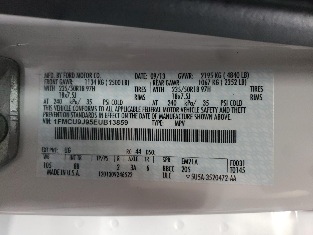 2014 Ford Escape Titanium VIN: 1FMCU9J95EUB13859 Lot: 64436844