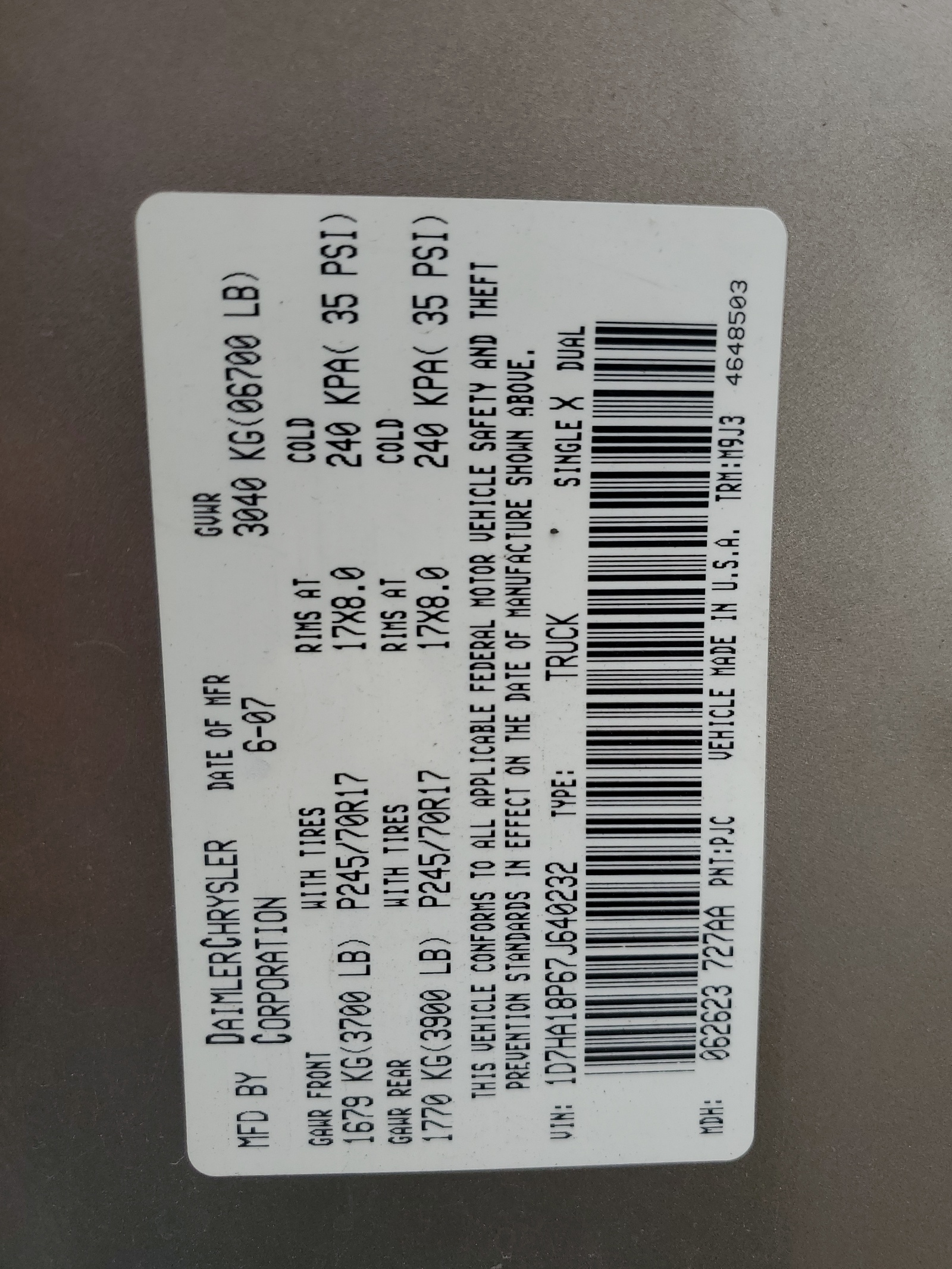 1D7HA18P67J640232 2007 Dodge Ram 1500 St