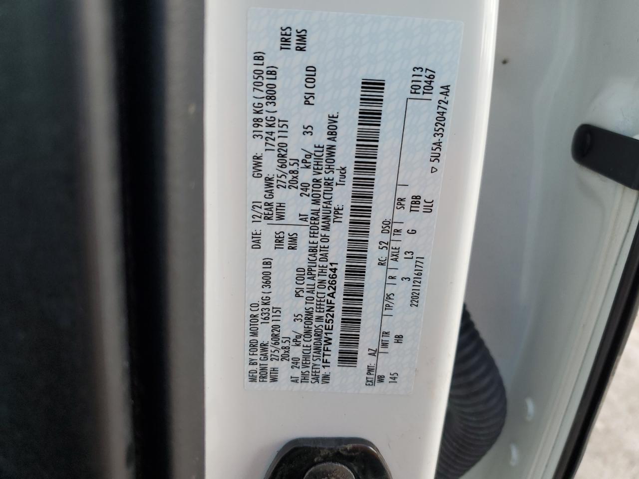 2022 Ford F150 Supercrew VIN: 1FTFW1E52NFA26641 Lot: 65274534