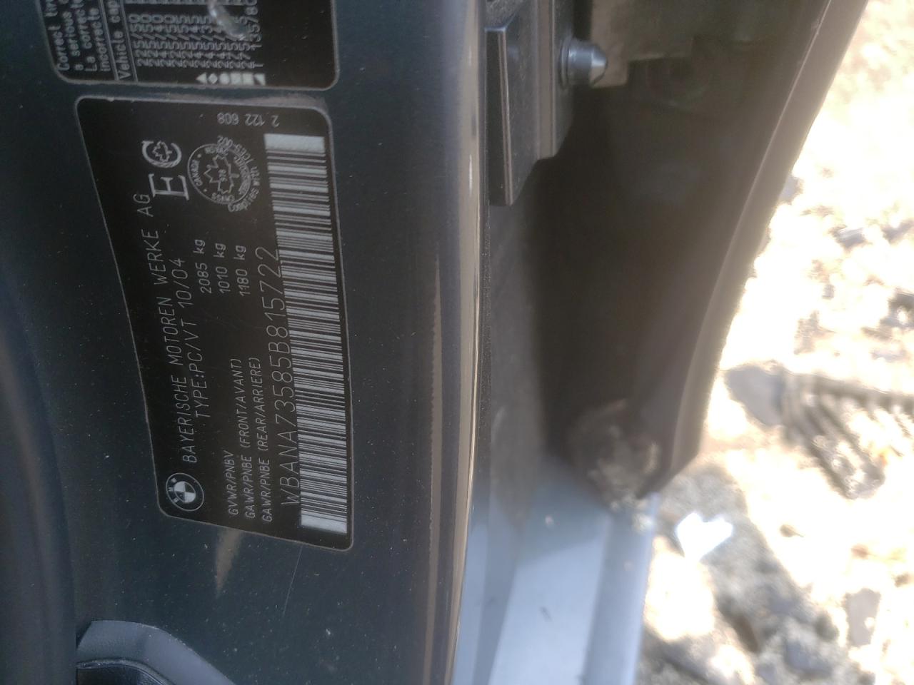 2005 BMW 530 I VIN: WBANA73585B815722 Lot: 62225834