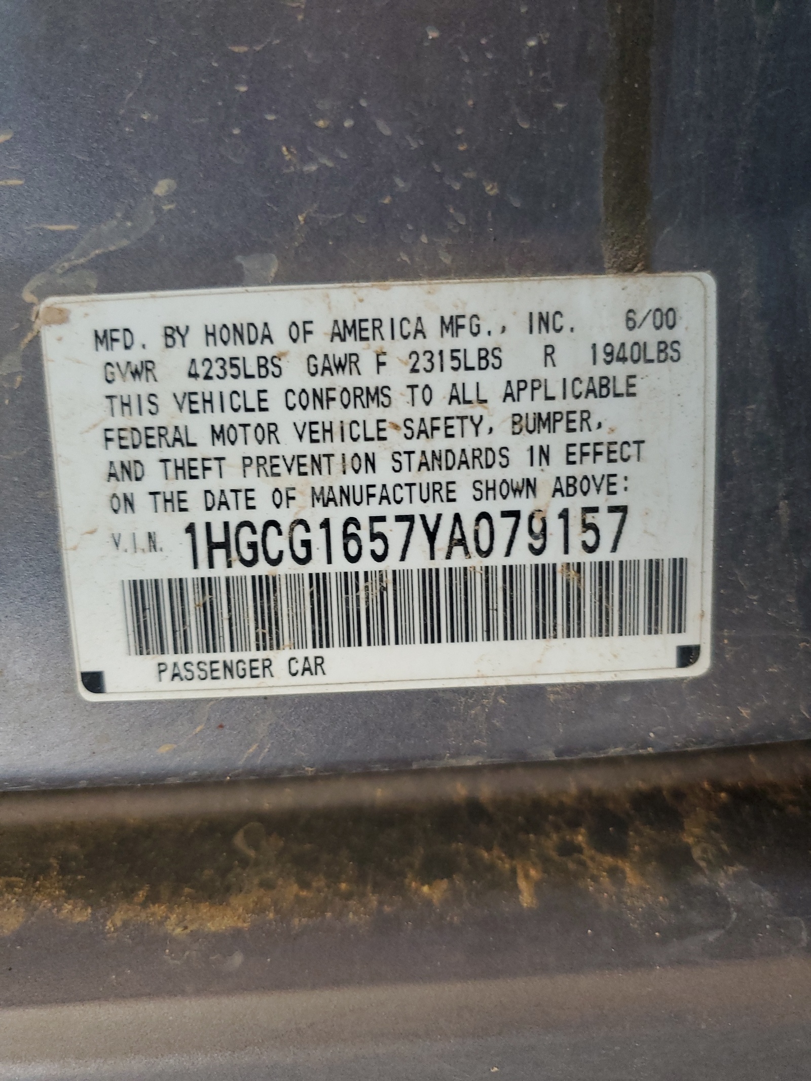 1HGCG1657YA079157 2000 Honda Accord Ex