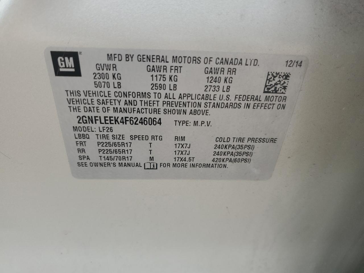 2015 Chevrolet Equinox Ls VIN: 2GNFLEEK4F6246064 Lot: 62416804