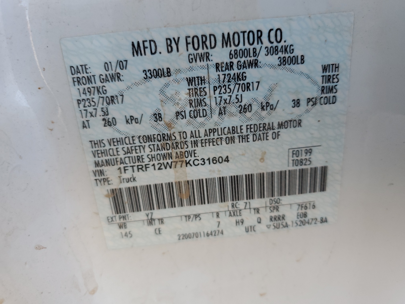 1FTRF12W77KC31604 2007 Ford F150