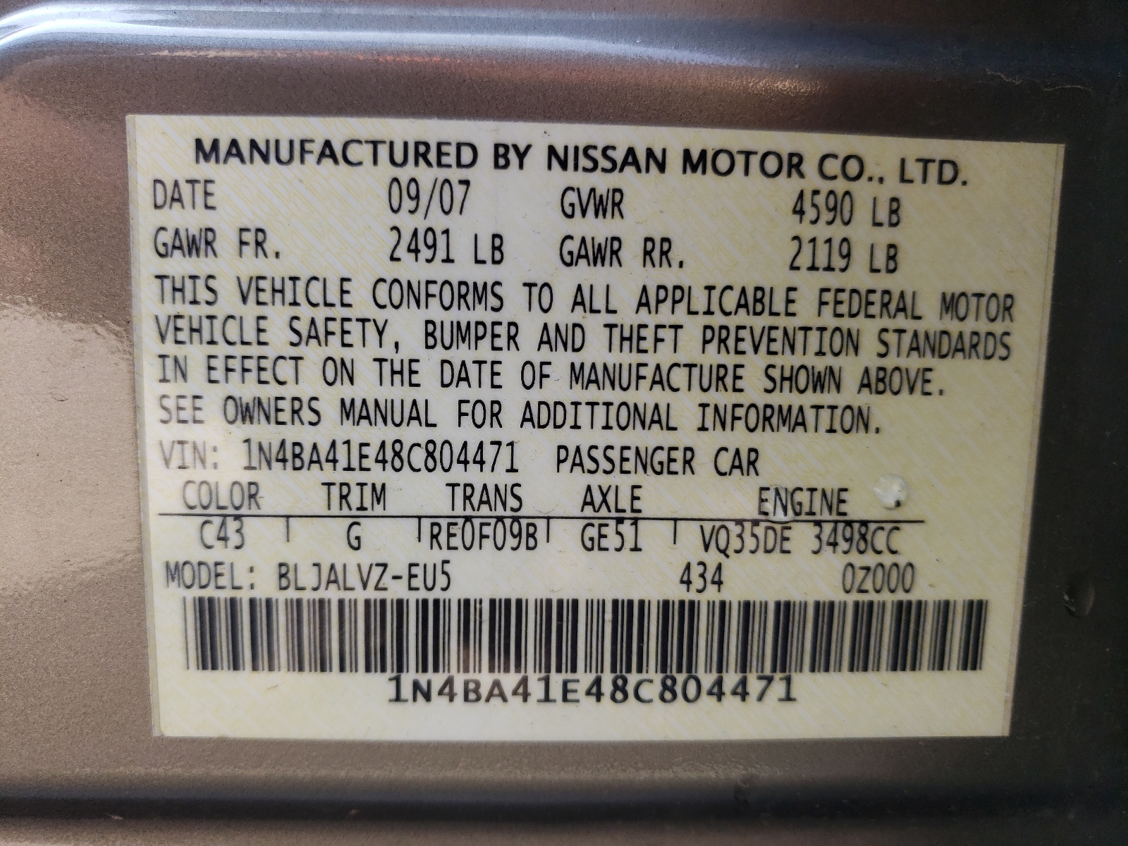 1N4BA41E48C804471 2008 Nissan Maxima Se