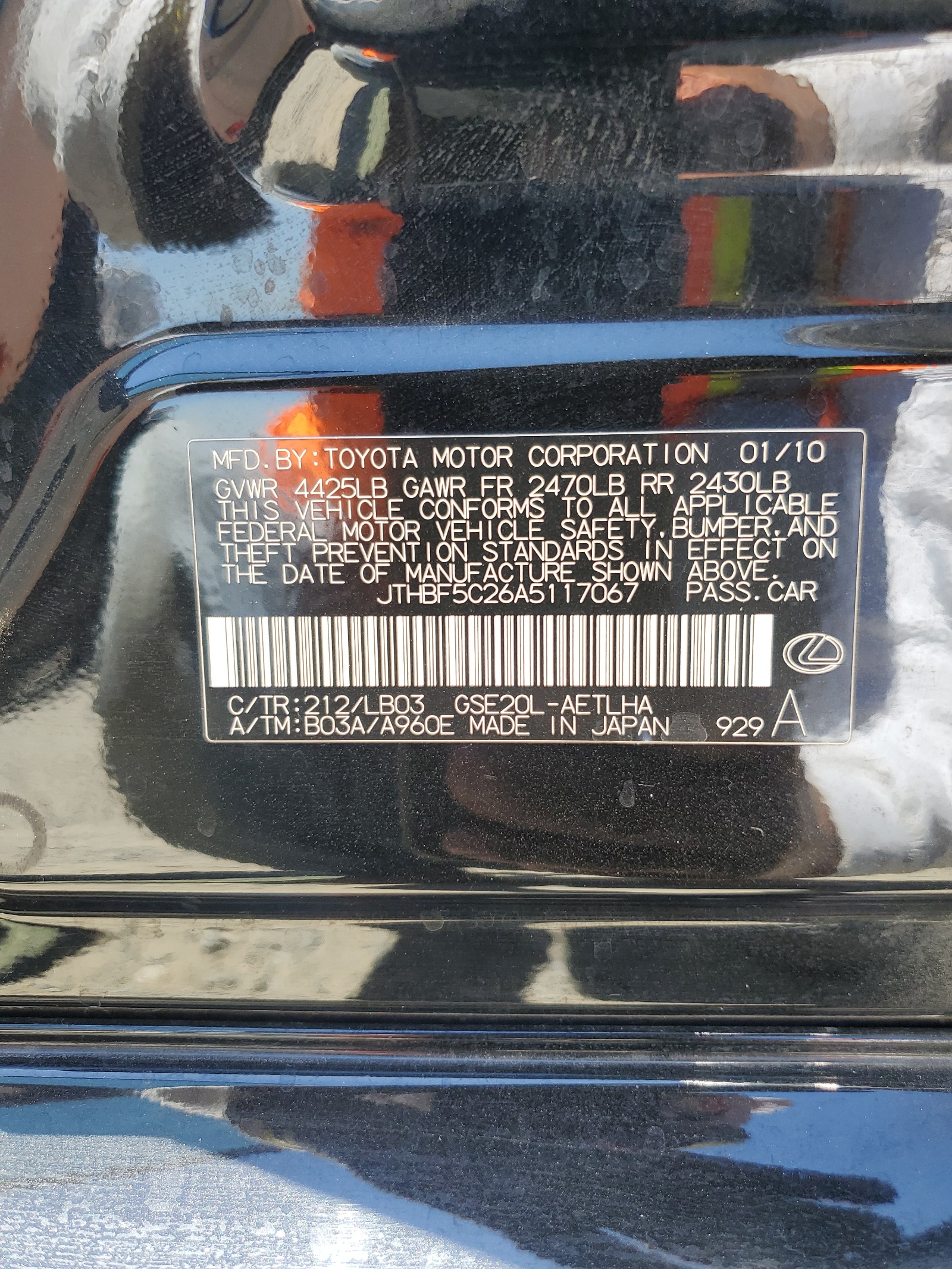 JTHBF5C26A5117067 2010 Lexus Is 250