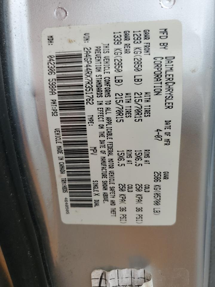 2007 Chrysler Town & Country Lx VIN: 2A4GP44RX7R351762 Lot: 64635444