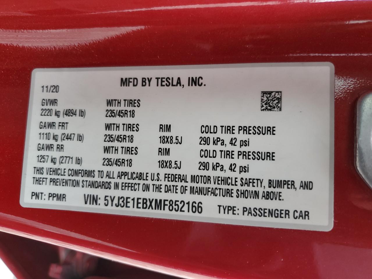 5YJ3E1EBXMF852166 2021 Tesla Model 3