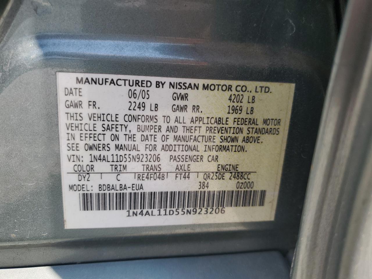 2005 Nissan Altima S VIN: 1N4AL11D55N923206 Lot: 62829344